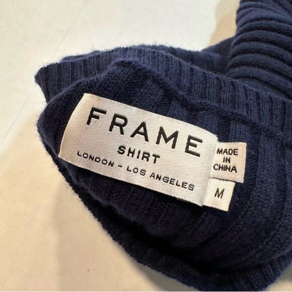 Frame Overlap Ribbed Sweater Blue Merino Wool Cutout Long Sleeve, Size Medium - Picture 6 of 8